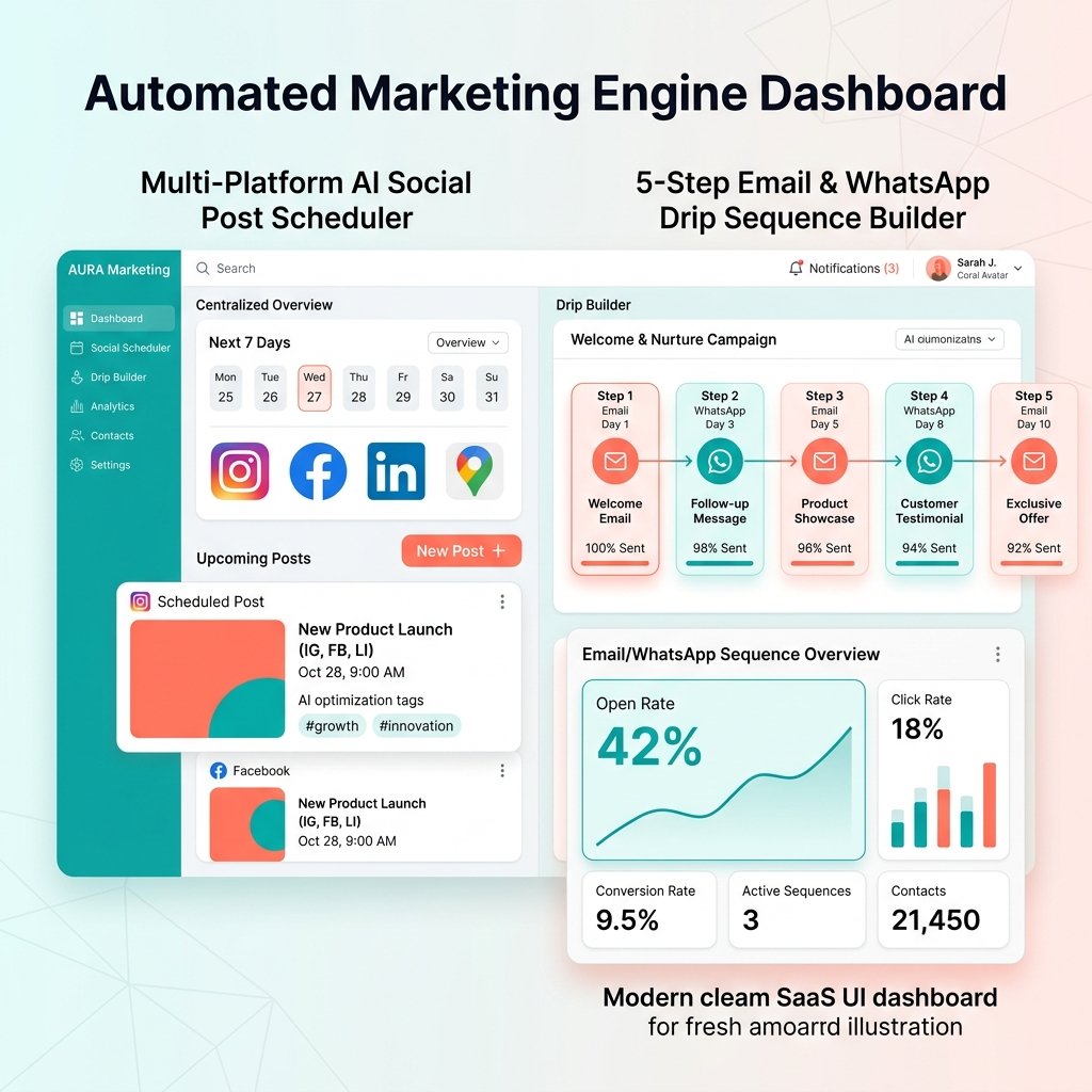 Automated Marketing Engine dashboard showing multi-platform AI social post scheduler and 5-step email WhatsApp drip builder