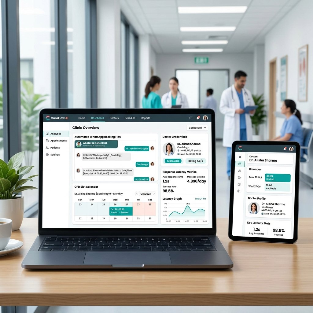 Clinic OPD WhatsApp AI booking agent dashboard and doctor schedule interface