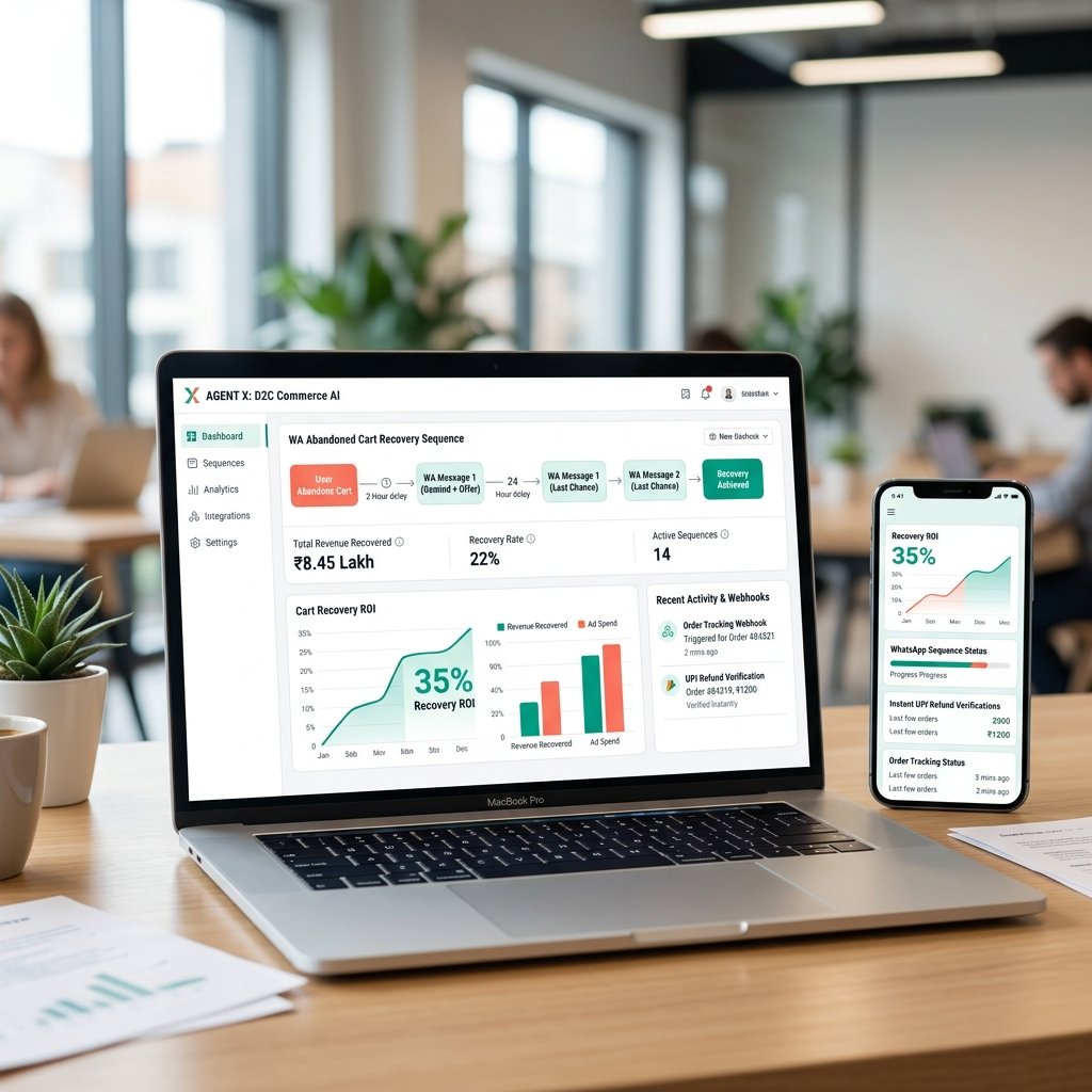 D2C E-commerce AI agent dashboard showing WhatsApp abandoned cart recovery and instant UPI refund automation