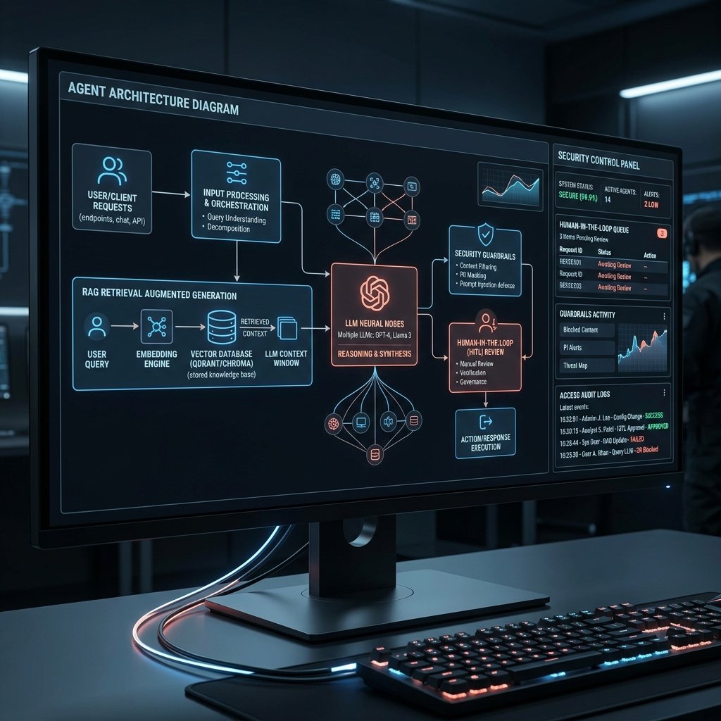 Enterprise AI Agent architecture schematic featuring RAG vector database, LLM reasoning engine, and human-in-the-loop security control panel