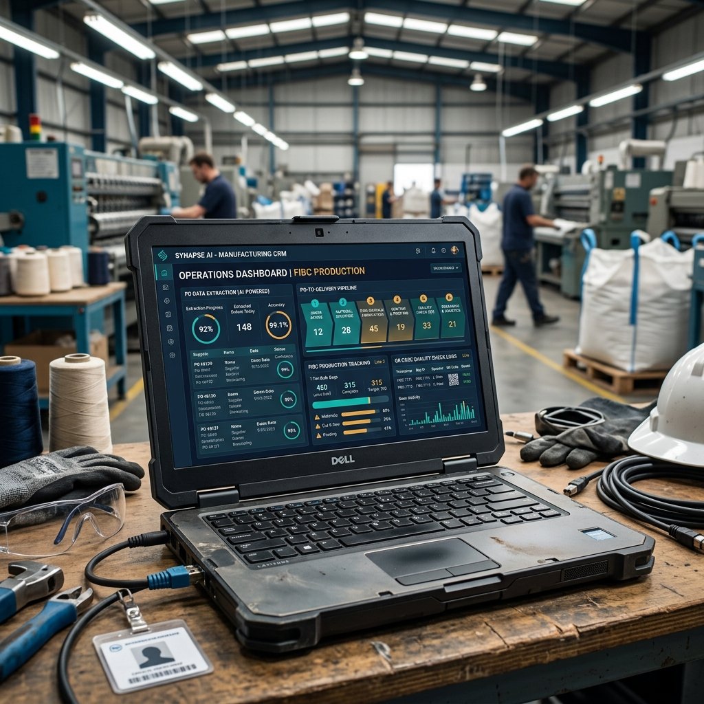 Manufacturing plant operations CRM showing AI purchase order data extraction and QR code quality control logs
