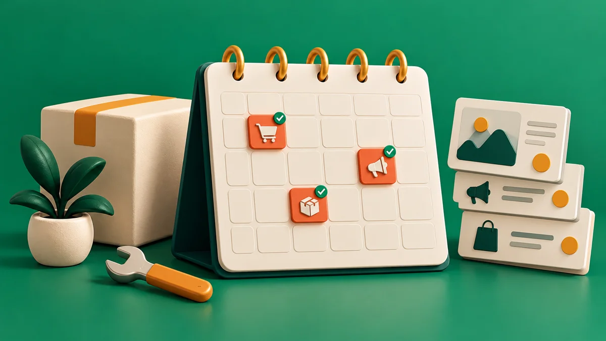Monthly store management calendar with task cards, a parcel and maintenance tools
