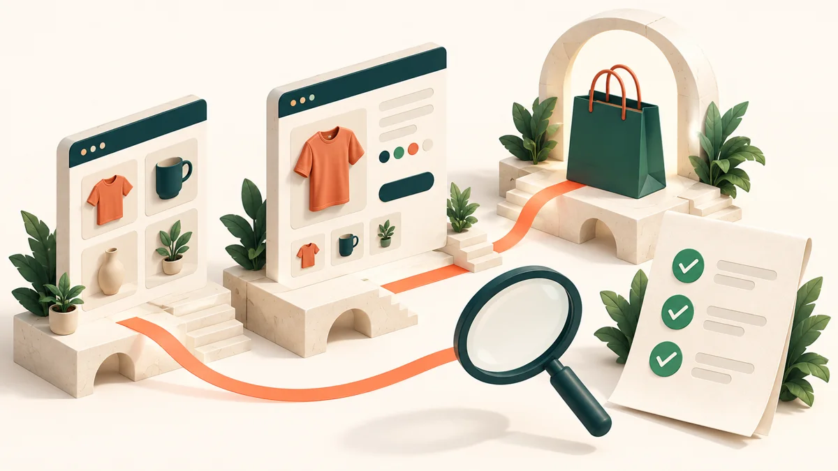 Store redesign journey with product pages, a magnifying glass and checklist