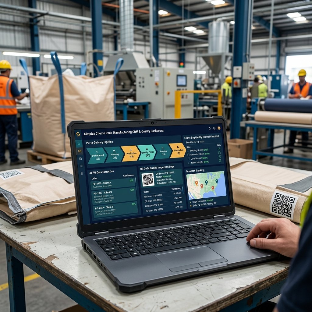 Simplex Chemo Pack FIBC Manufacturing QR Quality Checks & AI CRM case study by Curve Metrics