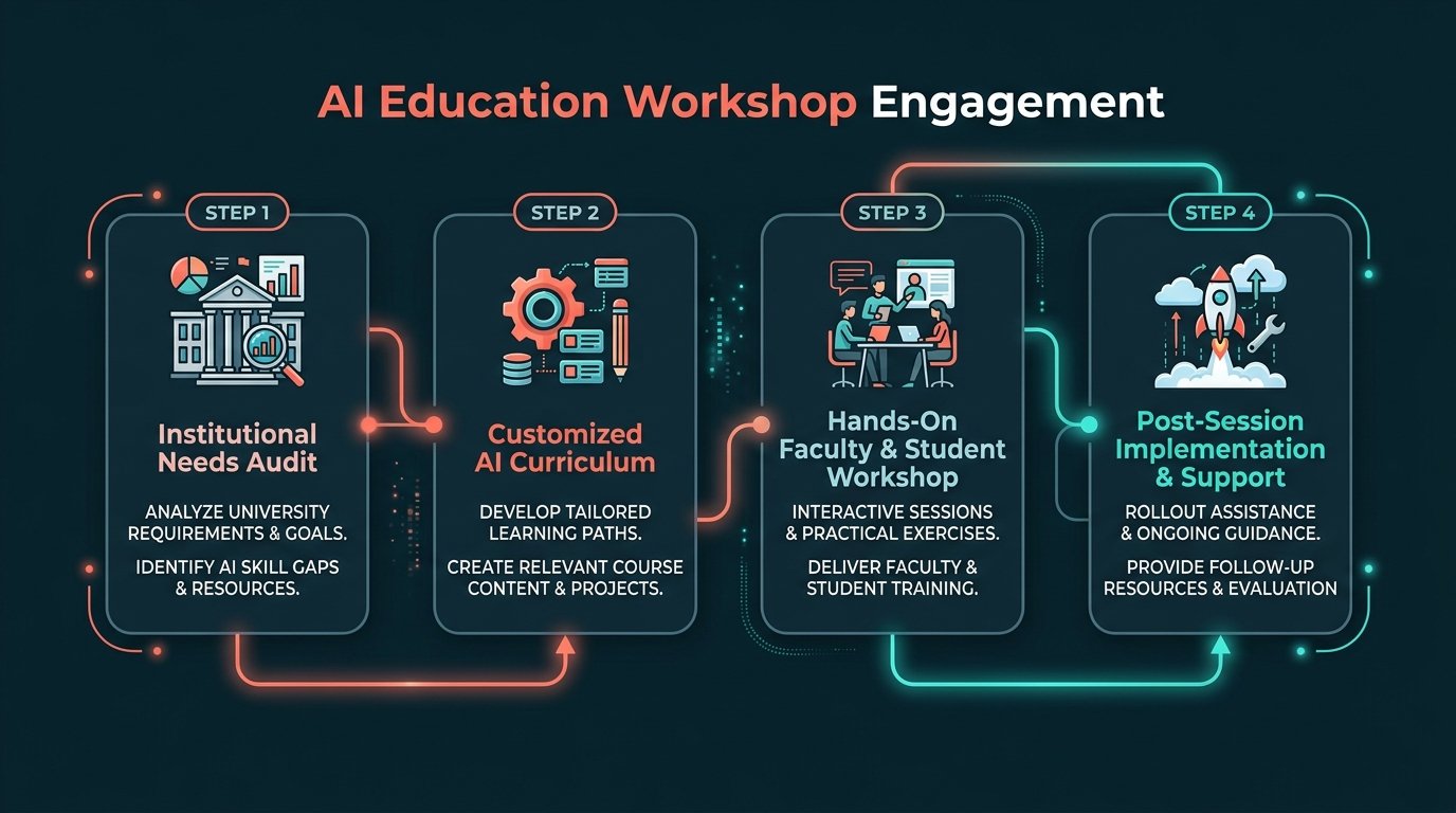 4-step process diagram for AI education workshop engagement.