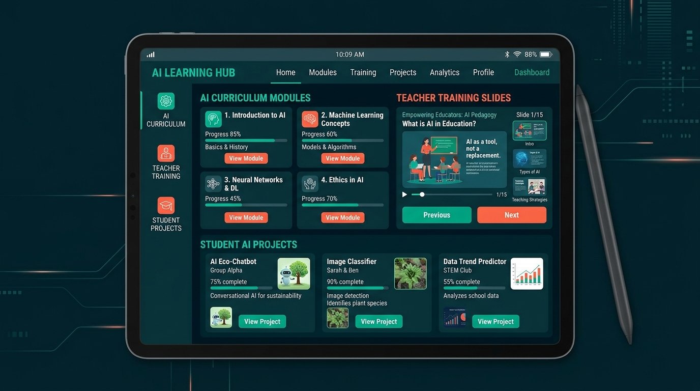 AI curriculum modules and teacher training slides mockup.