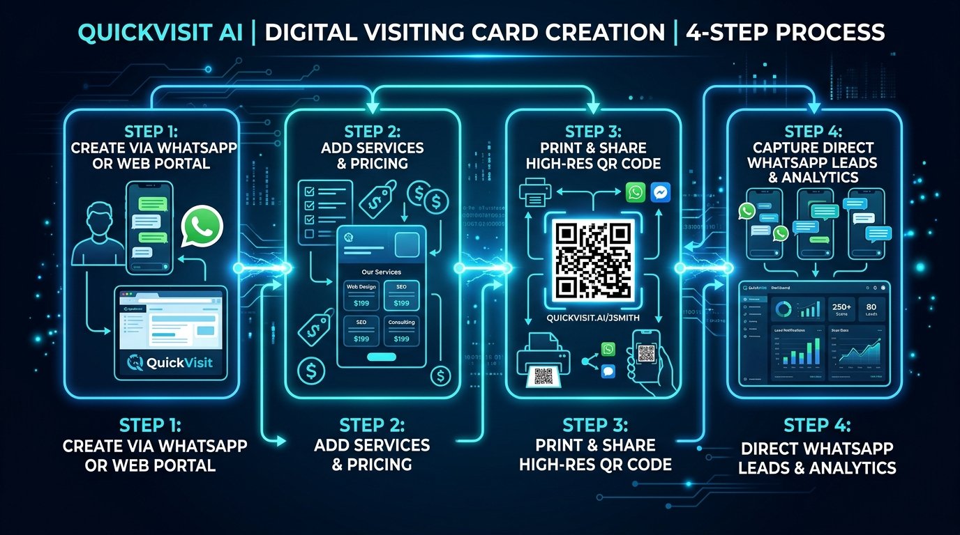 4-step horizontal process flow diagram for QuickVisit digital visiting card.