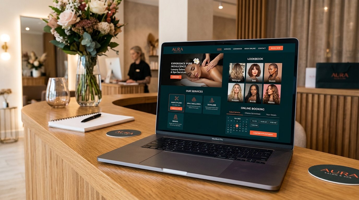 Modern website development mockup for luxury salons and spas in Nagpur displaying service menus and appointment booking.