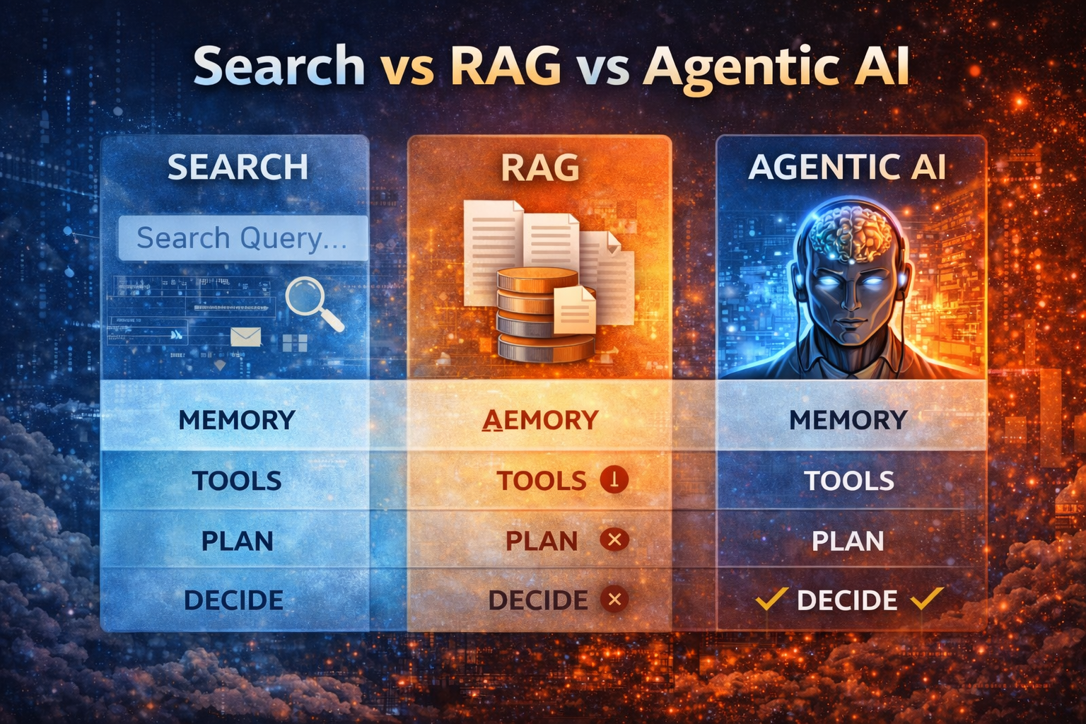 Comparison of static search, RAG and agentic AI